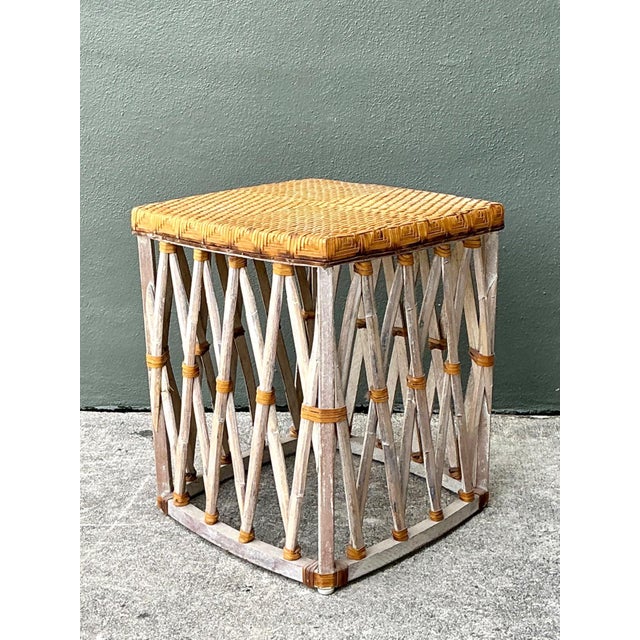 Rustic Vintage Rattan and Wood Equipale Stool For Sale - Image 3 of 12