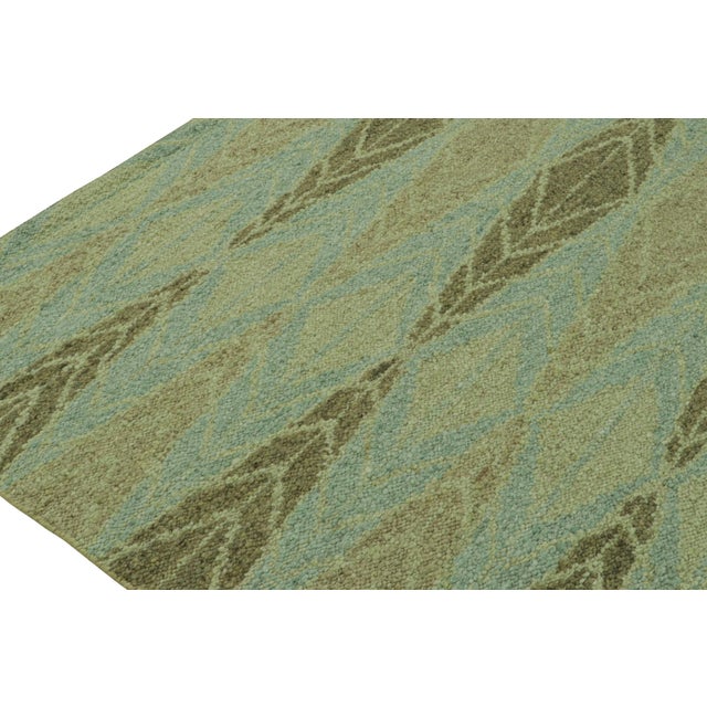 Contemporary 2010s Rug & Kilim’s Scandinavian Style Kilim With Green Geometric Patterns on Blue For Sale - Image 3 of 7
