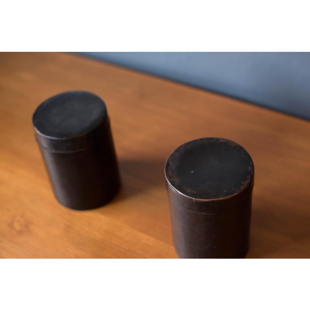 Mid-Century Modern Vintage Black Leather Organizing Cylinder Storage Container Bins, Italy 1970's For Sale - Image 3 of 12