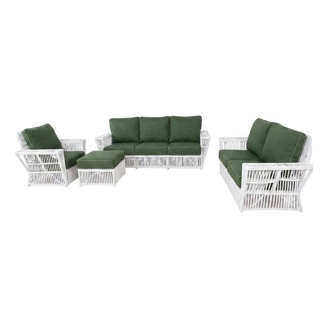 1990s Presidents Nantucket Stick White Reed Rattan Livingroom Set W/ Green Cushions For Sale