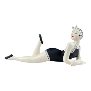 French Style Bathing Beauty Resin Figurine in Black & White Gingham Swimsuit