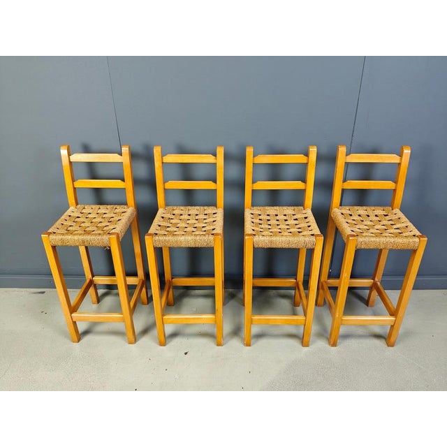 Vintage Oak and Papercord Bar Stools, 1960s, Set of 4 For Sale - Image 14 of 15