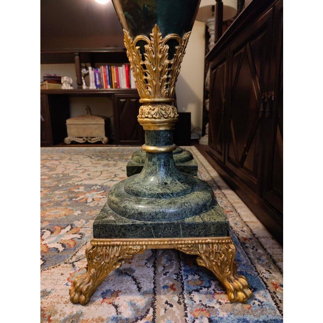 Metal Pair of Early 20th Century Italian Hand Painted Green Marble Floor Urns For Sale - Image 7 of 12