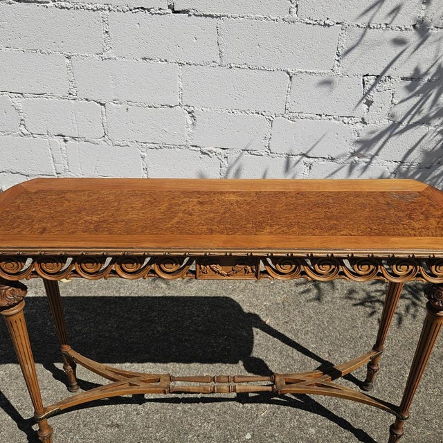 19th Century Louis XVI Handcarved Walnut Console Table with Burlwood Inlay For Sale - Image 15 of 18