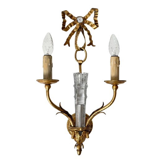 Italian Gilt Metal and Glass Two-Light Wall Sconce with Bow by Banci Firenze, 1970s For Sale