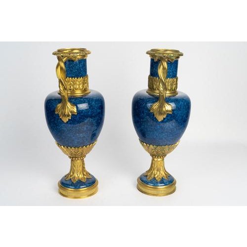 Louis XVI Blue Ceramic and Gilded Bronze Vases, Set of 2 For Sale - Image 4 of 9
