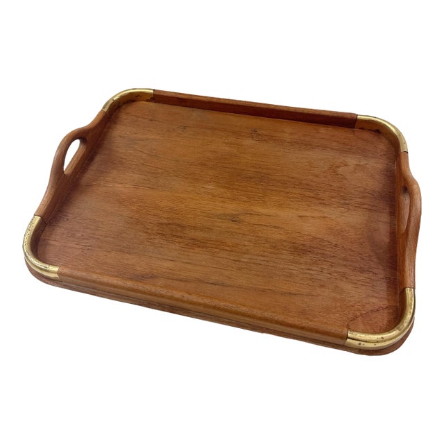 Mid Century Modern Good Wood Genuine Teak Serving Tray With Brass Accents | Danish Modern Butler Tray | Vintage For Sale