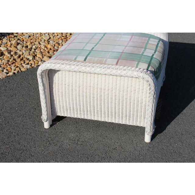 Lloyd Loom White Wicker Ottomans With Green Plaid Cushions—A Pair For Sale - Image 6 of 18