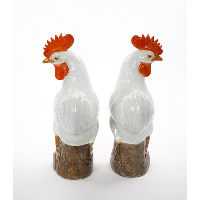 Large Pair of 1930's Chinese Porcelain Rooster Figures / Polychrome Decoration For Sale - Image 4 of 11