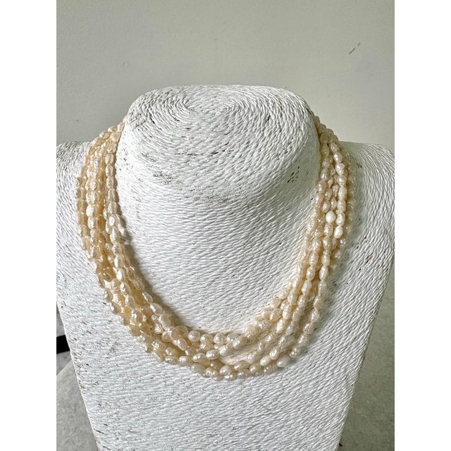 Contemporary Multi Strand, Freshwater, Pearl Necklace With Lapis and Silver For Sale - Image 3 of 3