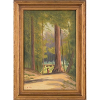 Ohlone Mother and Child Walking Through the Santa Cruz Redwoods - Landscape 1930 by Anton Dahl For Sale
