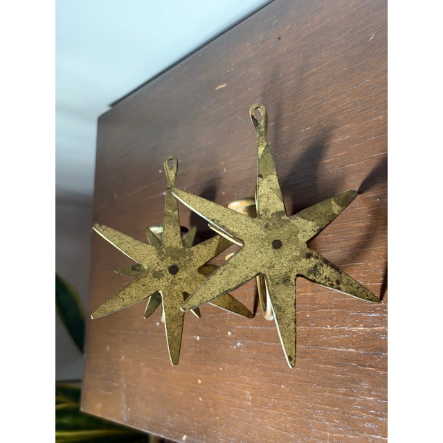 Hollywood Regency Pair Vintage Brass Starburst Wall Sconces – Star Candle Holders, Celestial Decor For Sale - Image 3 of 4