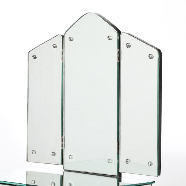 1940s Art Deco Hollywood Mirrored Trifold Ebonized Cabriole Leg Vanity W/ Glass Pulls For Sale - Image 5 of 18