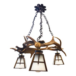 Antique 1920s German Antler Three Light Chandelier With Art Deco Style Shades For Sale