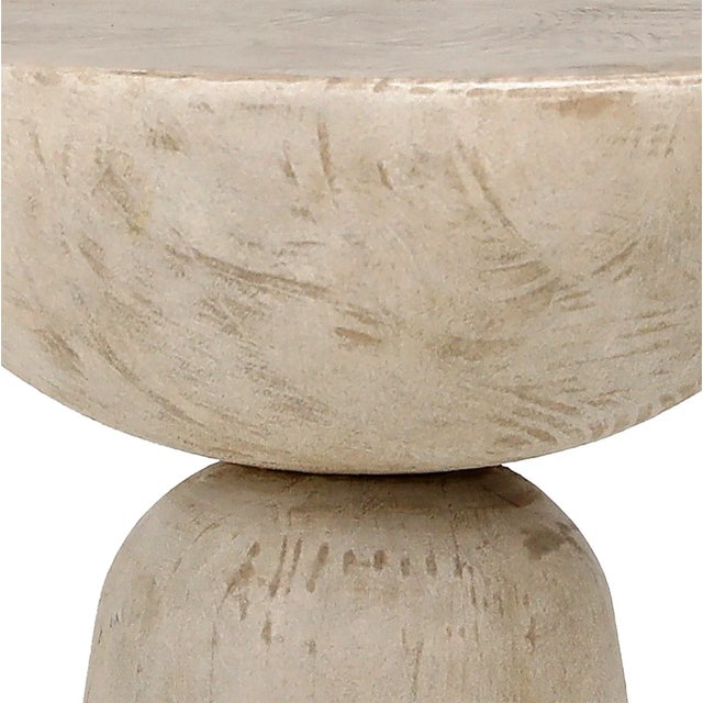 Modern round salvaged pine wood side table with white washed finish. Each unique in exact wood tones, grain, and natural...