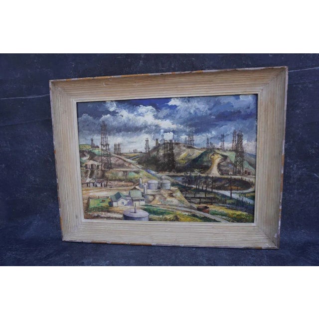 Janós Bernát Industrial California Landscape, Los Angeles Oil Wells 1950 Oil on Board Painting, Framed For Sale - Image 9 of 10