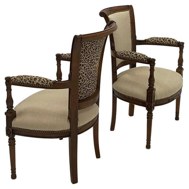 Carved Walnut Armchairs Upholstered in Linen & Leopard - A Pair For Sale - Image 12 of 12