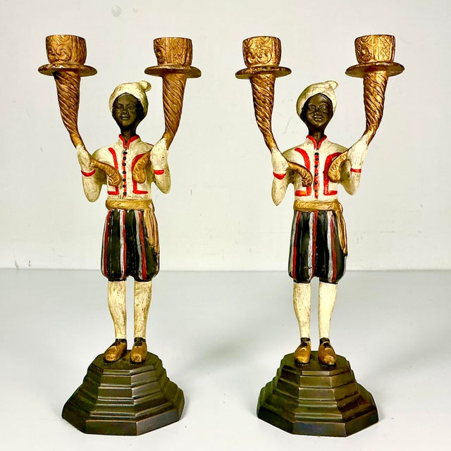 Early 1900s Antique Mediterranean Italian Venetian Moorish Painted Bronze Candelabras - A Pair For Sale - Image 6 of 17