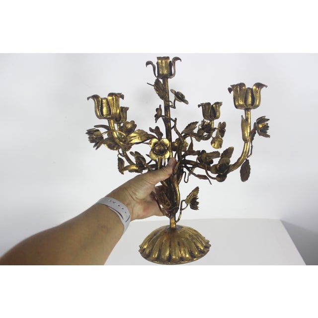 1960s Vintage Gilded Gilt Gold Metal Candelabra Baroque Italian or Hollywood Regency For Sale - Image 5 of 18
