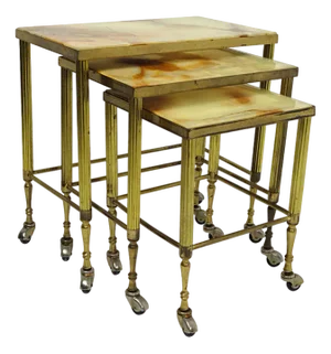 Hollywood Regency Nesting Tables on Wheels in Brass with Marble Tops, Set of 3