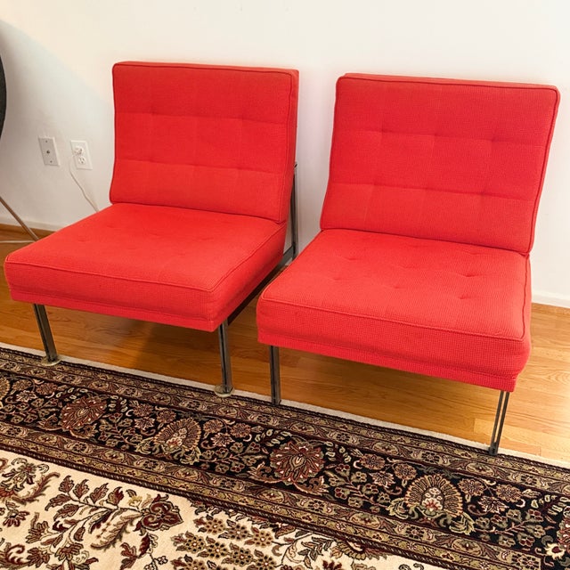 Textile Pair 1950s Florence Knoll Parallel Bar System Lounge Chairs, Model 51 For Sale - Image 7 of 8