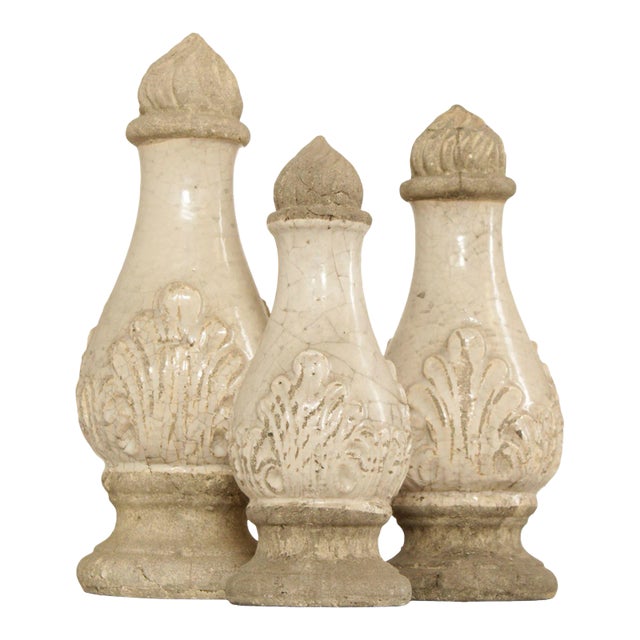 Neoclassical Style Set Glazed Cast Stone Decorative Finials - Set of 3 For Sale