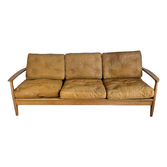 Mid-Century Scandinavian Three-Seater Leather Sofa Bed For Sale