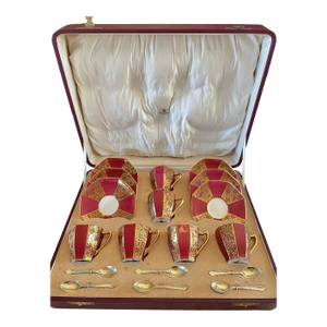 1930s Art Deco Boxed Demitasse Set — Royal Doulton & Mappin & Webb (Gold Vermeil Spoons, Sheffield 1933)- 19 Pieces