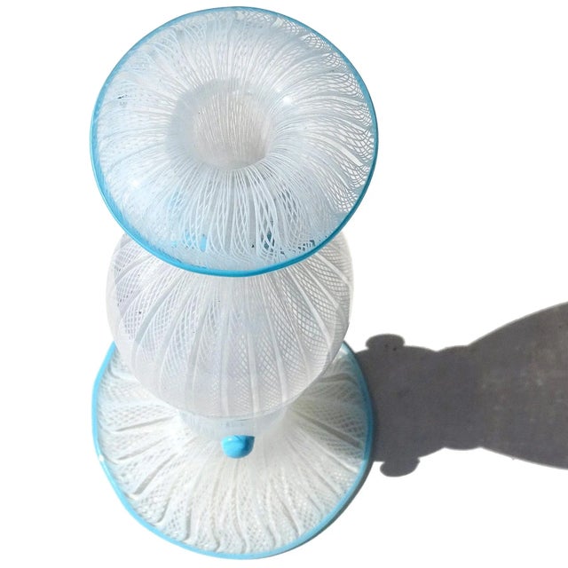 Antique Murano White Zanfirico Ribbons Sky Blue Detals Italian Art Glass Footed Flower Vase For Sale In Orlando - Image 6 of 9