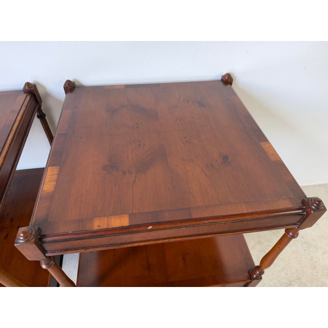 Brown Hekman Regency Style Olive Wood & Mahogany End Tables With Drawer and Casters – A Pair For Sale - Image 8 of 12