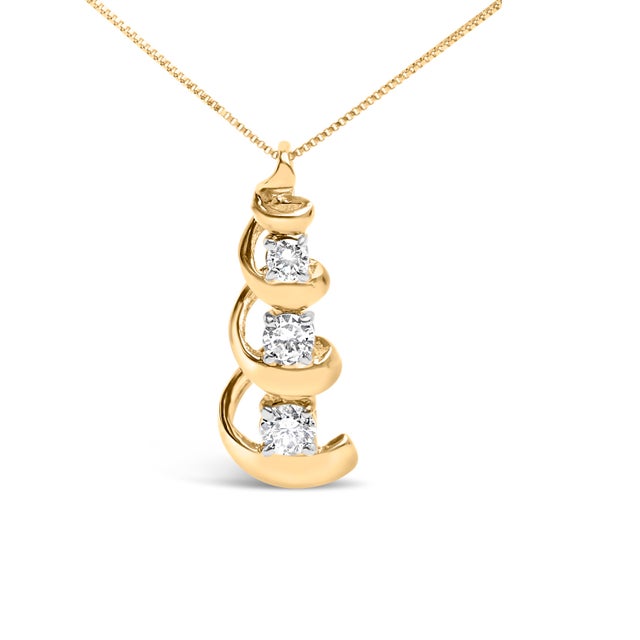 Crafted from lustrous 10k yellow gold, this exquisite pendant necklace features a trio of round brilliant-cut natural...