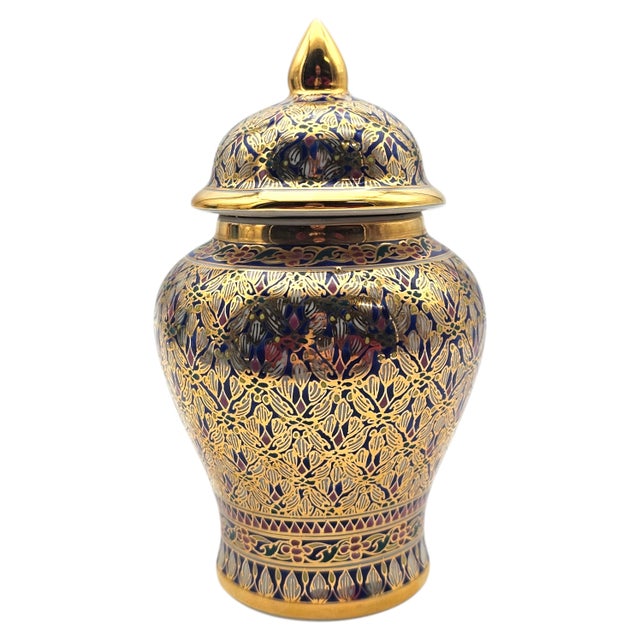 Late 20th Century Thai Benjarong Hand-Painted Gilt Porcelain Covered Jar 6.6" For Sale - Image 9 of 17