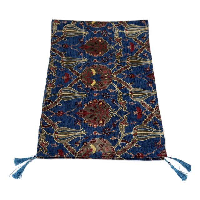 Authentic Turkish Kilim Motif Table Runner in Royal Blue For Sale