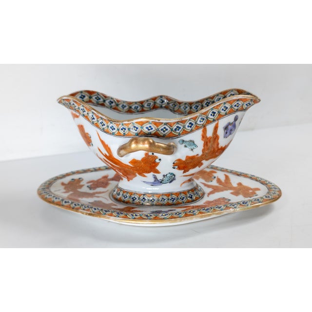 20th Century Chinese or Japanese Export Gravy Boat With Carp or Goldfish For Sale - Image 4 of 15