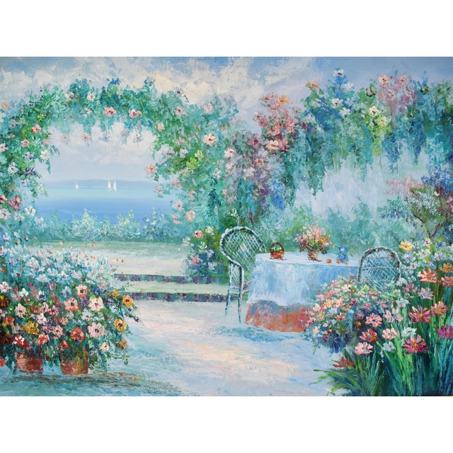 This stunning mid-20th century oil painting, set in a beautiful frame, captures the essence of an idyllic courtyard garden...