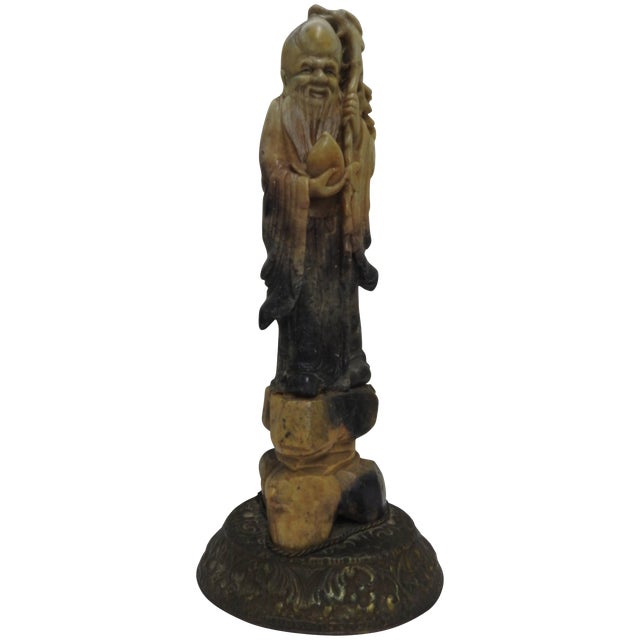 Early 20th Century Asian Soapstone Figure Holding Staff For Sale