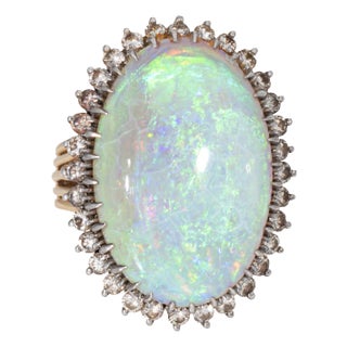 1960s Opal Diamond Ring Vintage 14k Yellow Gold Size 5.5 Oval Cocktail Jewelry For Sale