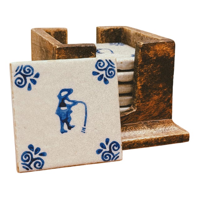 Portuguese Painted Faience Coasters with Wooden Stand, 1960s, Set of 7 For Sale