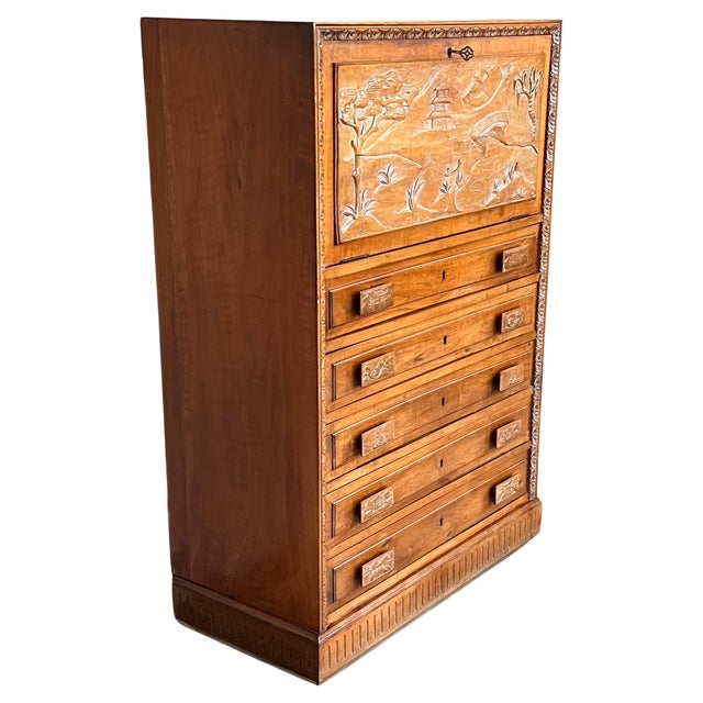Spanish Fall-Front Secretary Desk in Carved Oak, Spain, circa 1950 For Sale - Image 10 of 18