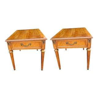 Pair Mid-Century Henredon Fine Furniture Parcel Gilt Fruitwood & Brass Mount Tables For Sale