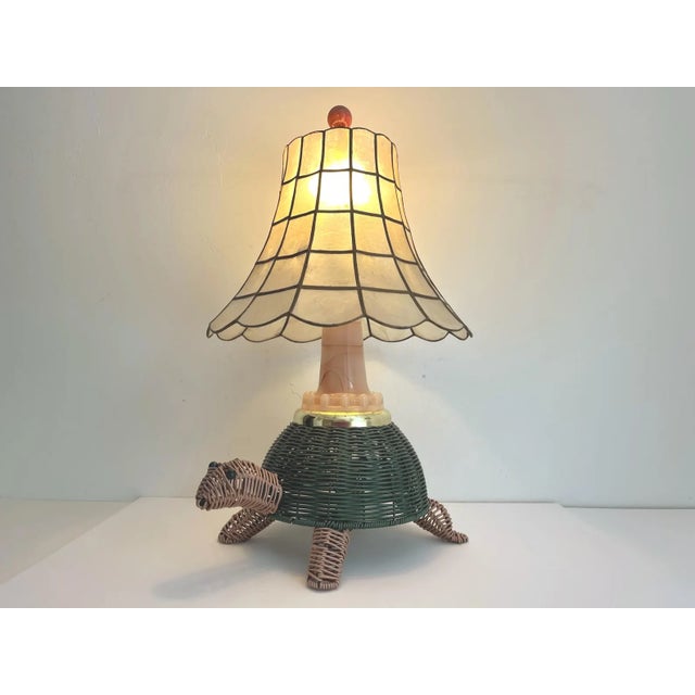 Boho Chic Mid Century Wicker Turtle Lamp & Shell Shade For Sale - Image 3 of 12