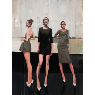 Land by Michael Carson | Oil on Panel Three figures in stylish outfits standing together For Sale