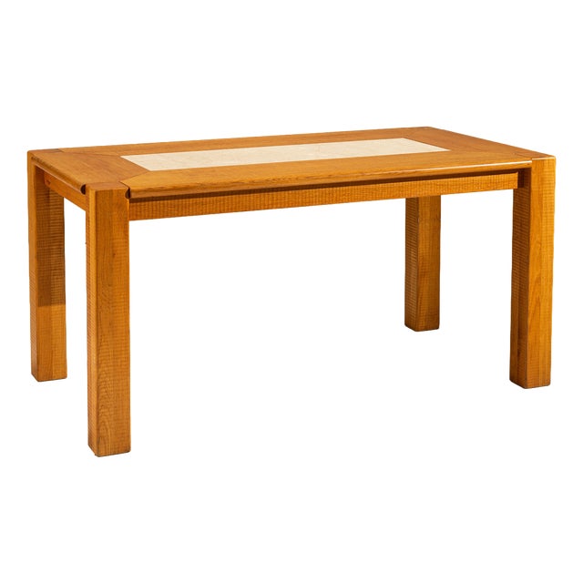 Oak Dining Table with Botticino Marble Inlay from Officina Rivadossi, Italy 1970s For Sale