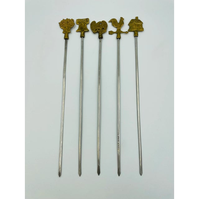 Vintage Mid-Century Americana-Themed Brass & Stainless Steel Skewers- Set of 5 For Sale - Image 11 of 11