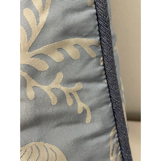 Gorgeous silvered blue brocade silk pillow with dark blue rope trim and feather down insert.