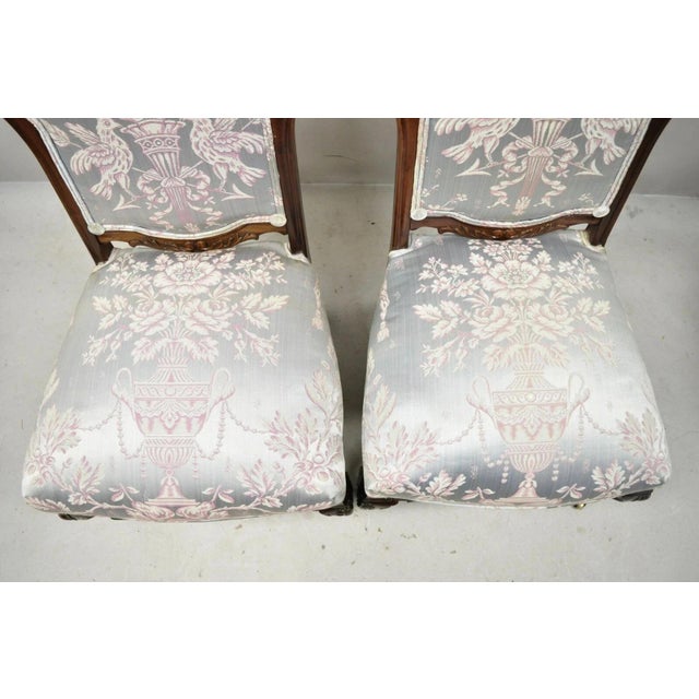 Early 20th Century Early 20th Century Victorian Floral Scrollwork Carved Mahogany Parlor Slipper Side Chairs - A Pair For Sale - Image 5 of 11