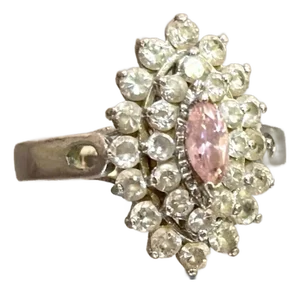 1930s-40s Sterling Silver Diamond Pink Stone Cluster Ring