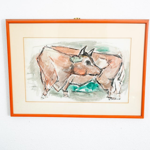 Mid Century Modern Watercolor George Constant Bull Signed Painting Original For Sale - Image 10 of 12