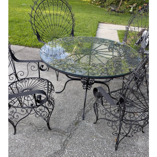 Salterini Patio Set Wrought Iron Table Peacock 4 Chairs Mid 20th C. For Sale - Image 10 of 11