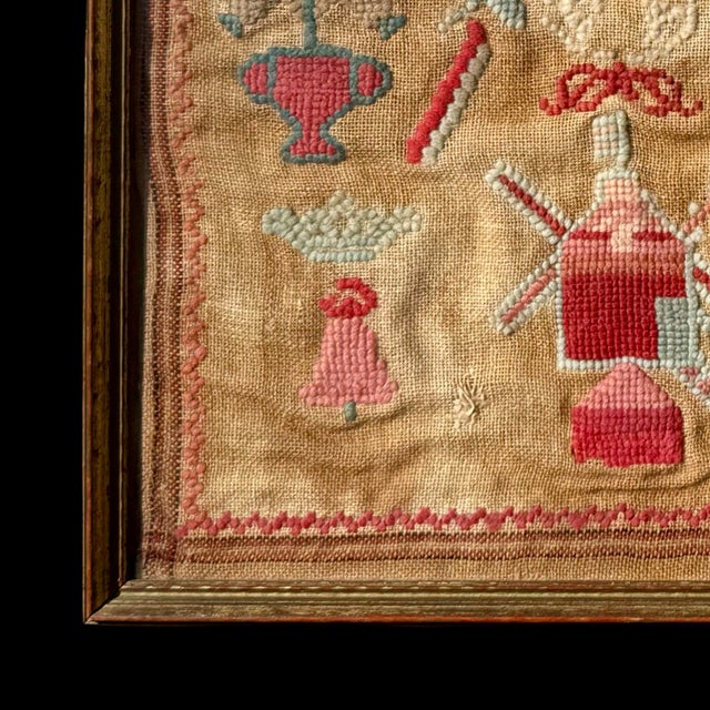 Wood Antique English Needlework Sampler W/ House Motif, Framed Wall Art For Sale - Image 7 of 8